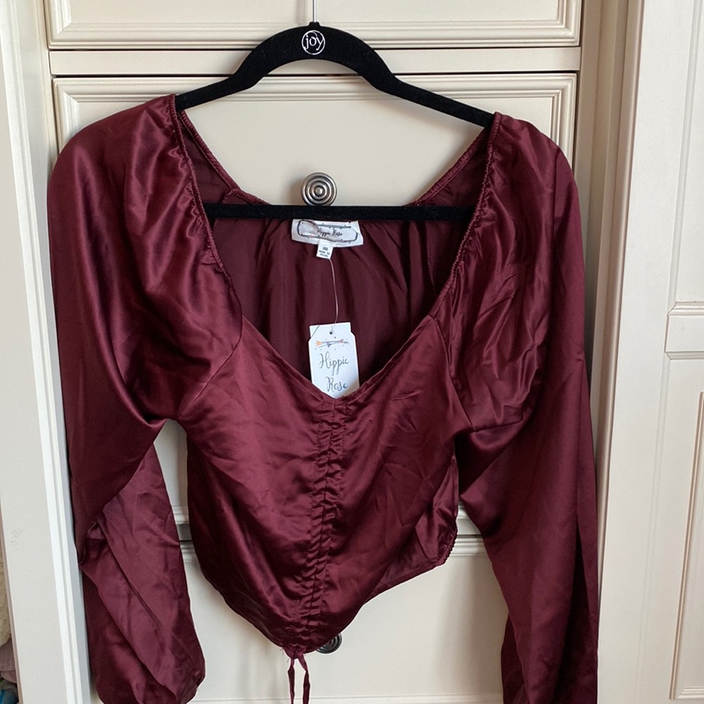 Maroon long sleeved, satin shirt